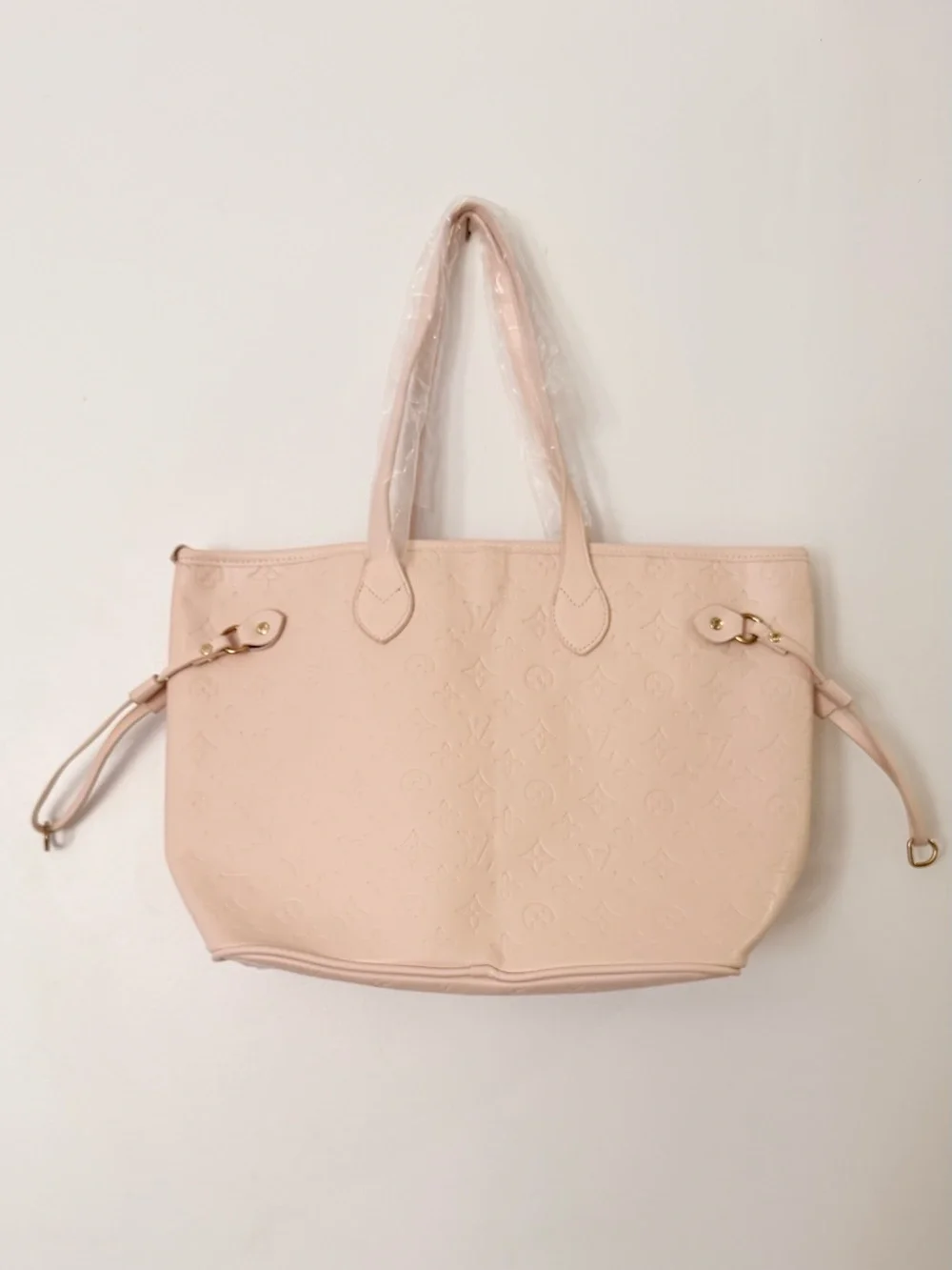 Elegant Blush Pink Embossed Tote Bag with Gold Accents